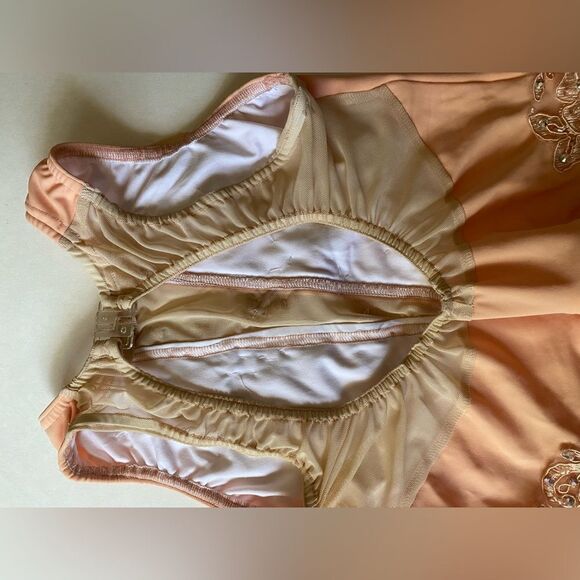 Glamour solo custom dance costume lyrical peach rhinestone mesh dress CXL adu XS - Picture 7 of 10